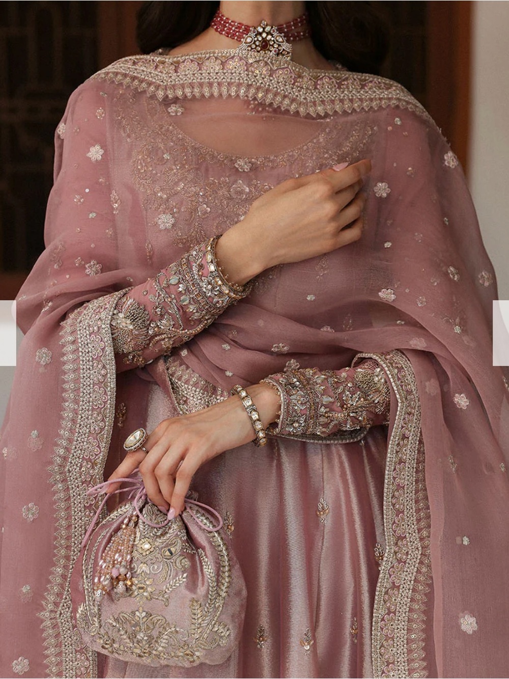 Dusty Rose Embroidered Maxi Dress with Sheer Draped Dupatta - Picture 3 of 4